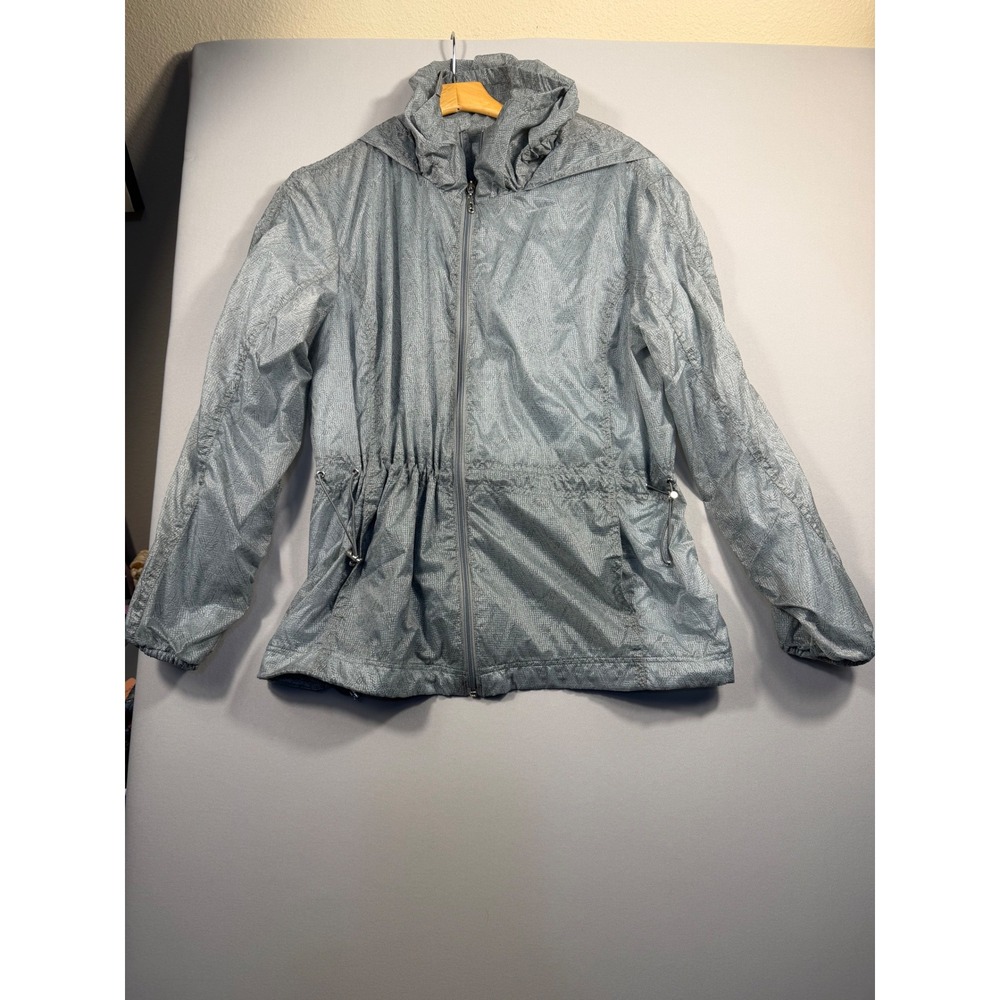 Reel Legends Womens Gray Geometric Full Zip Hooded Windbreaker Jacket Large